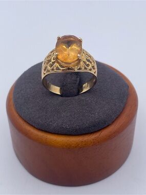 14K Yellow Gold Citrine Filigree Ring Large Oval Citrine Statement Ring Sz 11.5
